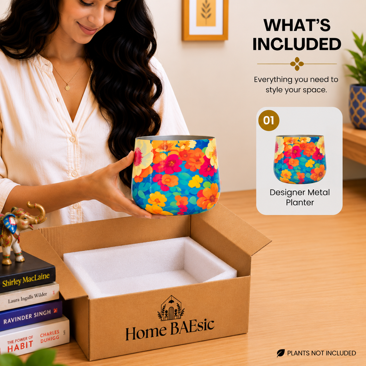 Colorful Flower Art tumbler planter from Home BAEsic displayed in hand with a matching product view in the What's Included callout.