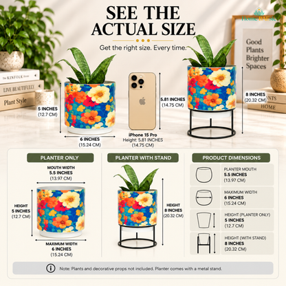 See the actual size infographic for the Home BAEsic Flower Art Tumbler Planter, showing the colorful floral planter with and without its metal stand alongside an iPhone 15 Pro for size comparison. The infographic displays a 5-inch planter height, 6-inch maximum width, 5.5-inch planter mouth, and 8-inch height with stand, with product dimension callouts and icons. Plants and decorative props are not included; planter comes with a metal stand.