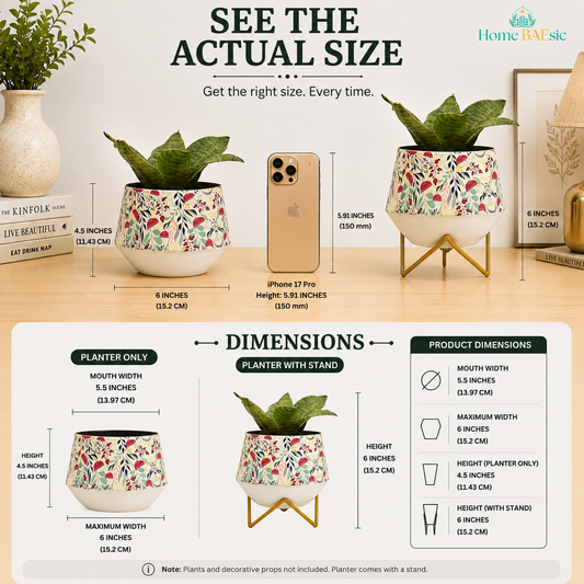 Home BAEsic Garnet Floral Metal Planter size comparison infographic showing the planter with and without its golden metal stand, with measurements for 5.5-inch mouth width, 6-inch maximum width, 4.5-inch planter height, and 6-inch total height with stand.