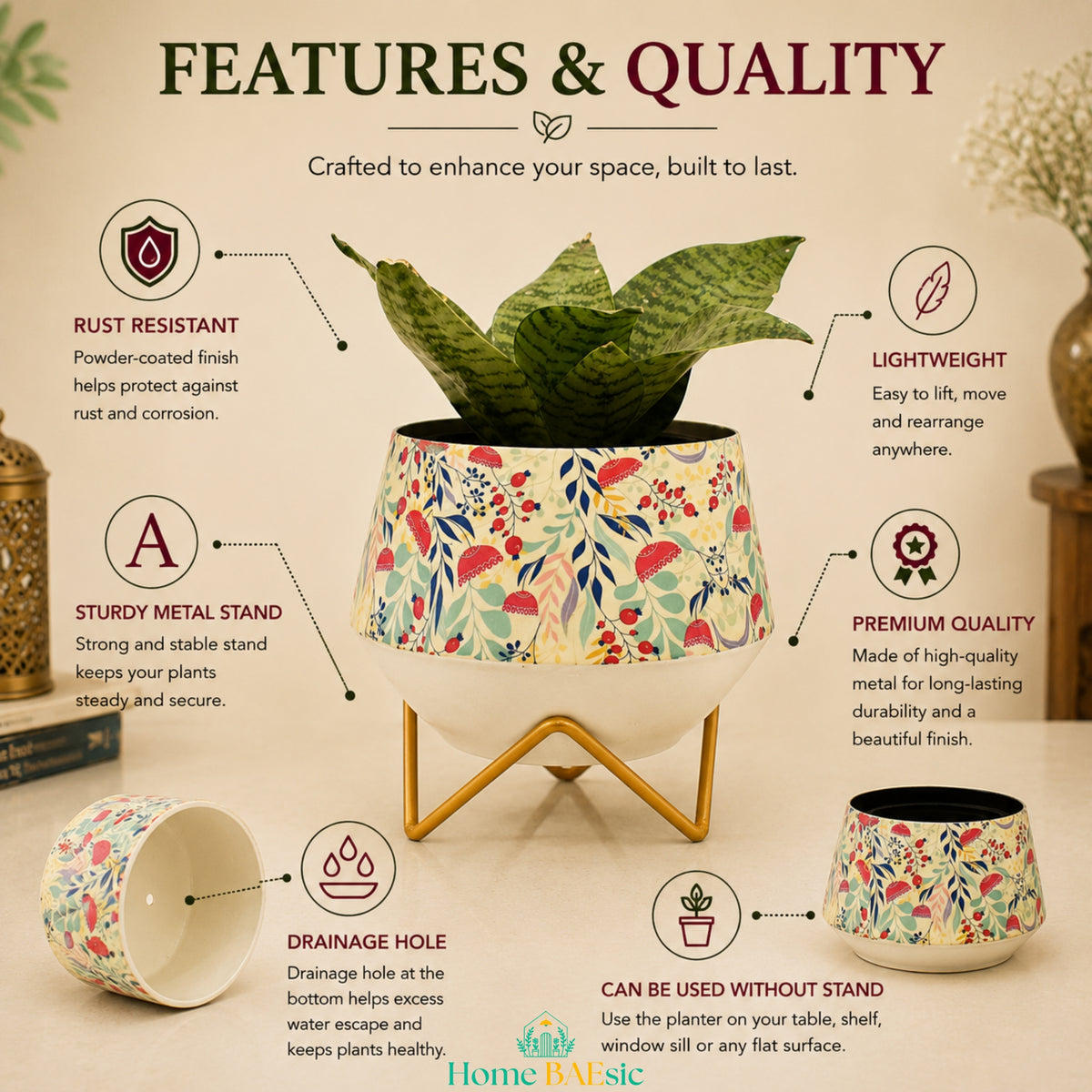 Garnet floral metal planter with green plant and gold stand shown with feature callouts highlighting rust resistance, lightweight design, sturdy metal stand, drainage hole and premium quality.
