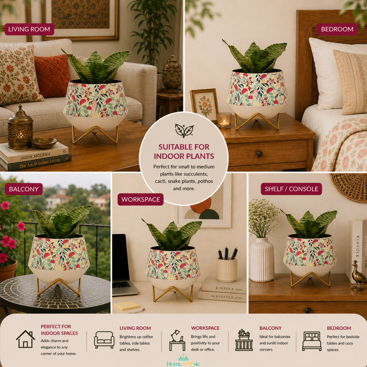 Garnet floral metal planter with green indoor plant displayed in living room, bedroom, balcony, workspace and shelf settings to show versatile home decor use.