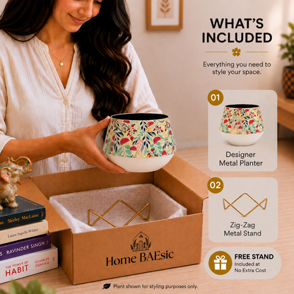 A woman holds a floral-patterned metal planter pot above an open Home BAEsic cardboard box containing a gold zig-zag metal stand, with a 'What's Included' graphic overlay on the right.
