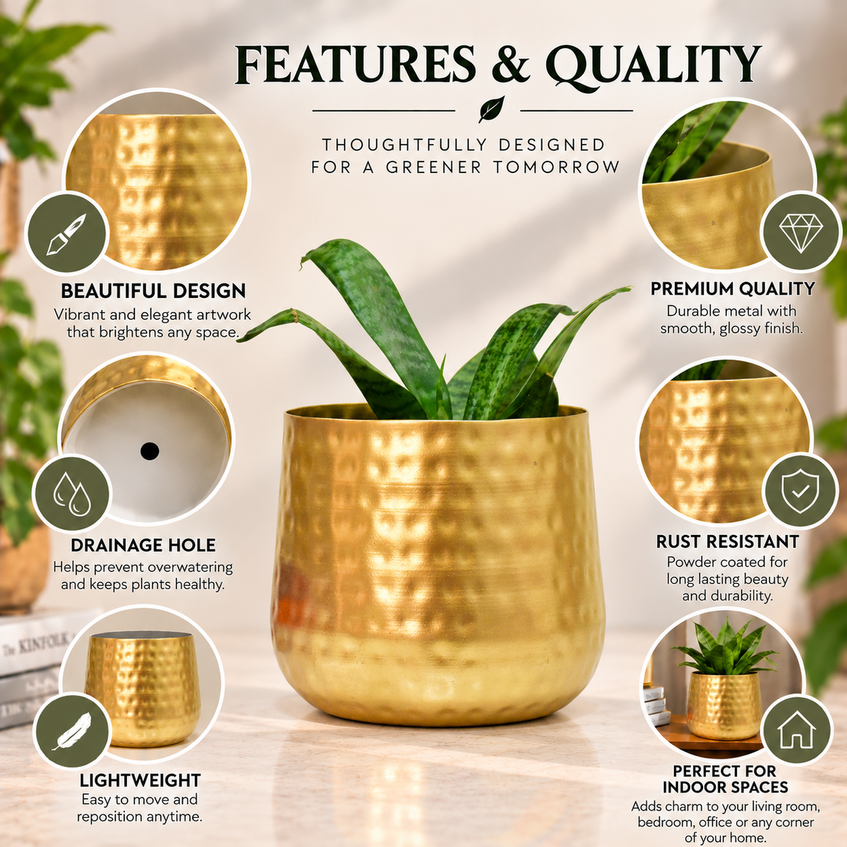Golden Finish Hammered Tumbler Metal Planter – 6 Inch Indoor Pot | Home BAEsic