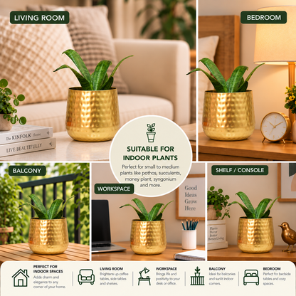 Golden Finish Hammered Tumbler Metal Planter – 6 Inch Indoor Pot | Home BAEsic