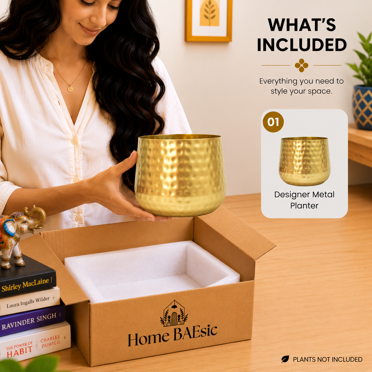 Golden hammered metal tumbler planter by Home BAEsic shown in hand and highlighted in the What's Included display.