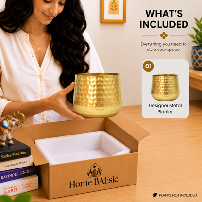 Golden hammered metal tumbler planter by Home BAEsic shown in hand and highlighted in the What's Included display.
