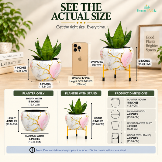 See the Actual Size infographic for the Golden Pink Marble Planter, showing the 4-inch-high, 6-inch-wide planter beside an iPhone 17 Pro for scale and the planter with its gold metal stand at 6 inches high. Includes a 5-inch planter mouth, maximum width of 6 inches, and detailed product dimensions. Plants and decorative props are not included.