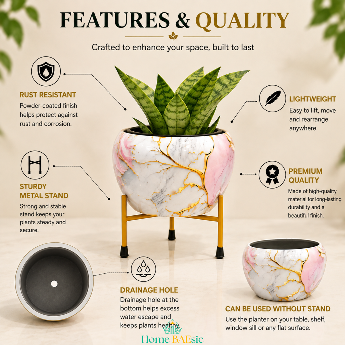 Golden Pink Marble designer metal planter with stand highlighting rust-resistant finish, lightweight construction, sturdy gold metal stand, drainage hole and premium-quality marble-inspired design.