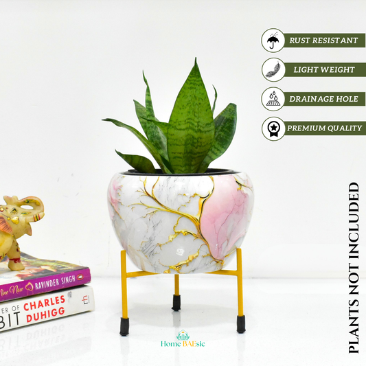 Golden Pink Marble Indoor Metal Planter With Metal Stand | Home & Garden | 6 Inches