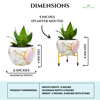 Golden Pink Marble Indoor Metal Planter With Metal Stand | Home & Garden | 6 Inches