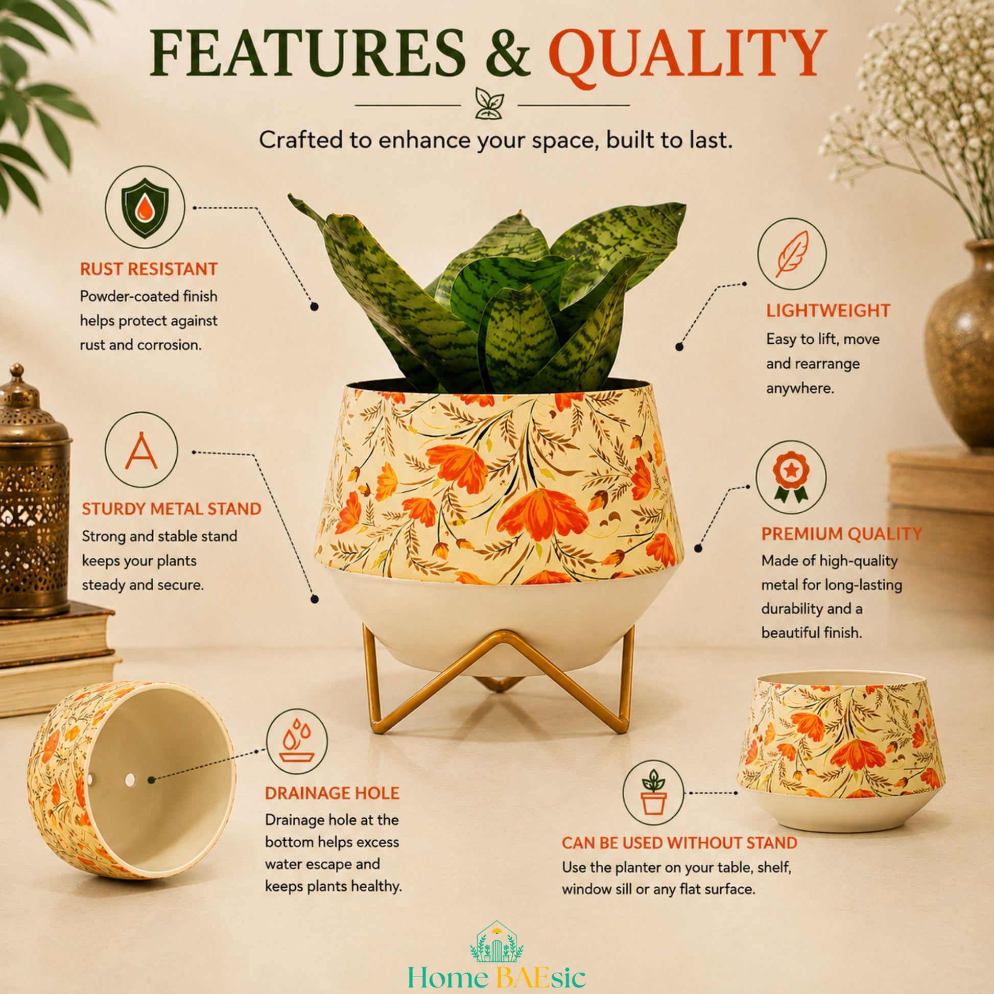 Happy Poppy floral metal planter features and quality infographic showing rust-resistant finish, lightweight design, drainage hole, premium quality and golden metal stand