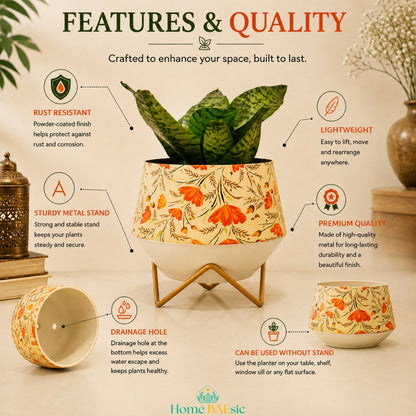 Happy Poppy floral metal planter features and quality infographic showing rust-resistant finish, lightweight design, drainage hole, premium quality and golden metal stand