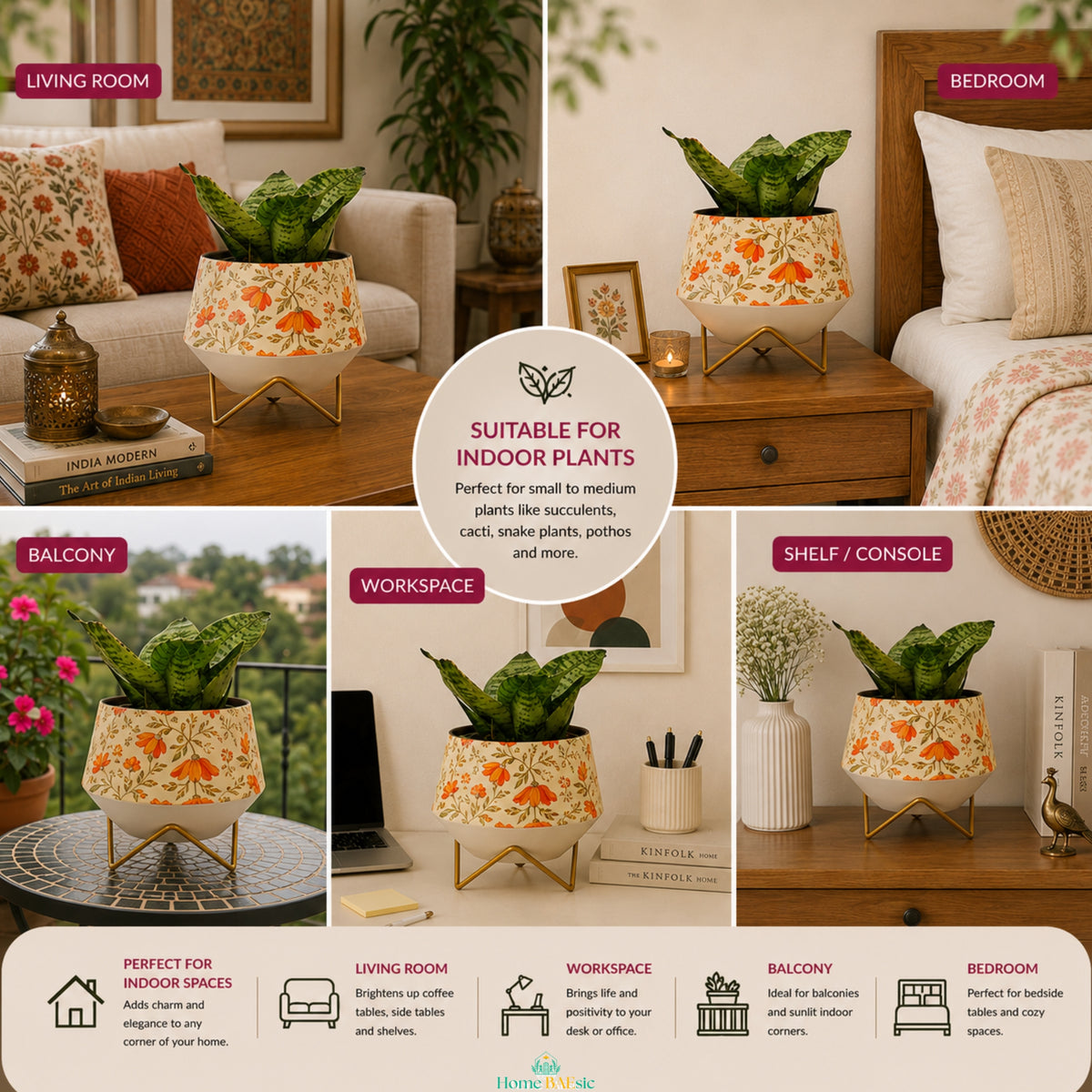 Happy Poppy floral metal planter shown in living room, bedroom, balcony, workspace, and shelf settings