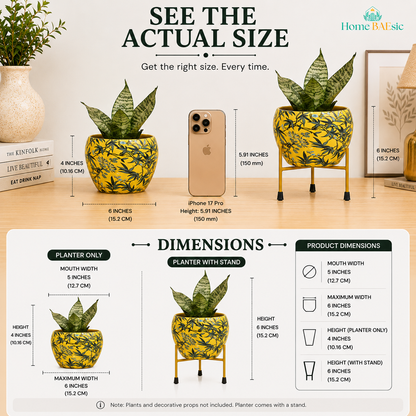 Leafy Yellow floral metal planter size guide showing 5-inch mouth width, 6-inch maximum width, 4-inch planter height, and 6-inch height with golden color metal stand