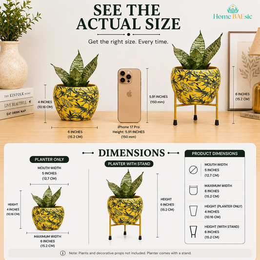Leafy Yellow floral metal planter size guide showing 5-inch mouth width, 6-inch maximum width, 4-inch planter height, and 6-inch height with golden color metal stand