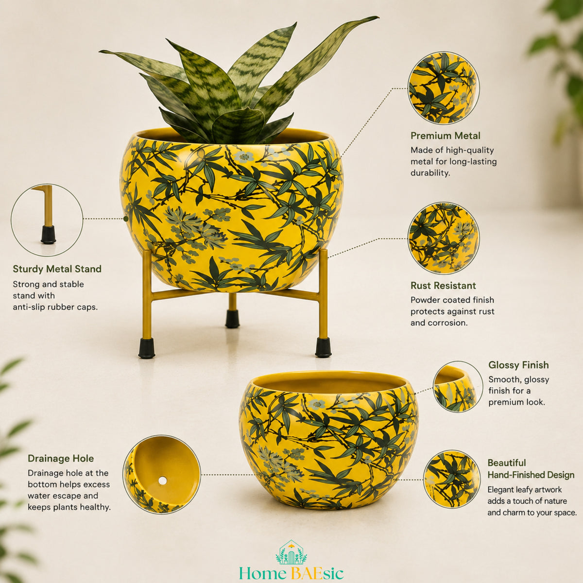 Leafy Yellow designer metal planter with stand showing its durable finish, sturdy metal stand and planter details and features with mutiple callouts