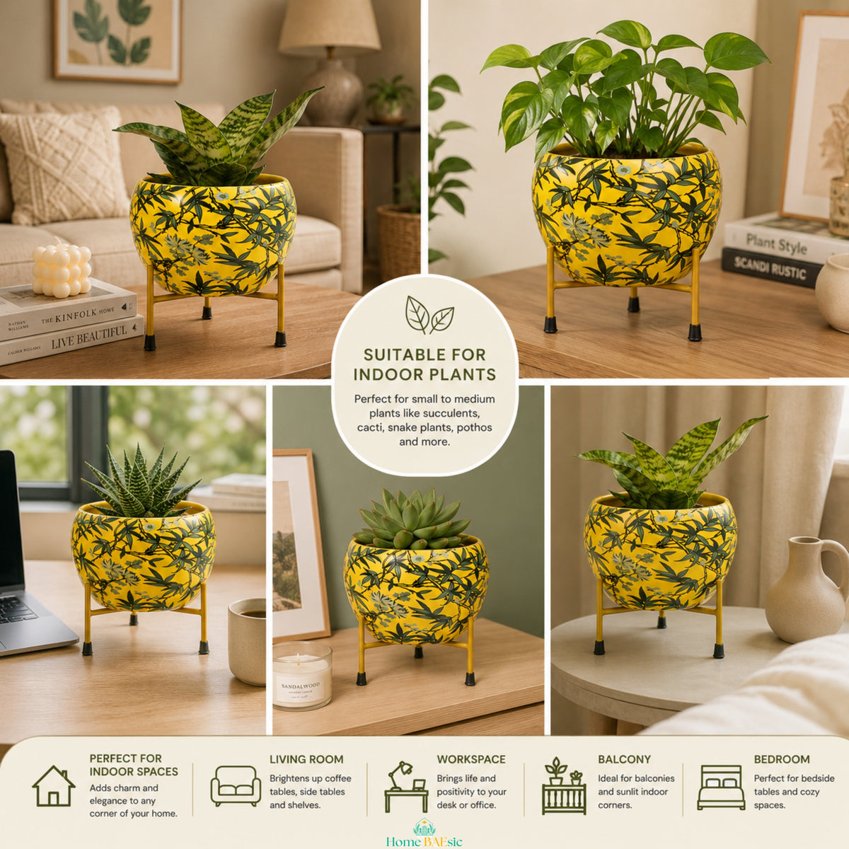Leafy Yellow metal planter with stand styled with indoor plants in different home spaces, suitable for succulents and small to medium plants