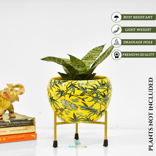 Leafy Yellow Indoor Metal Planter With Metal Stand | Home & Garden | 6 Inches