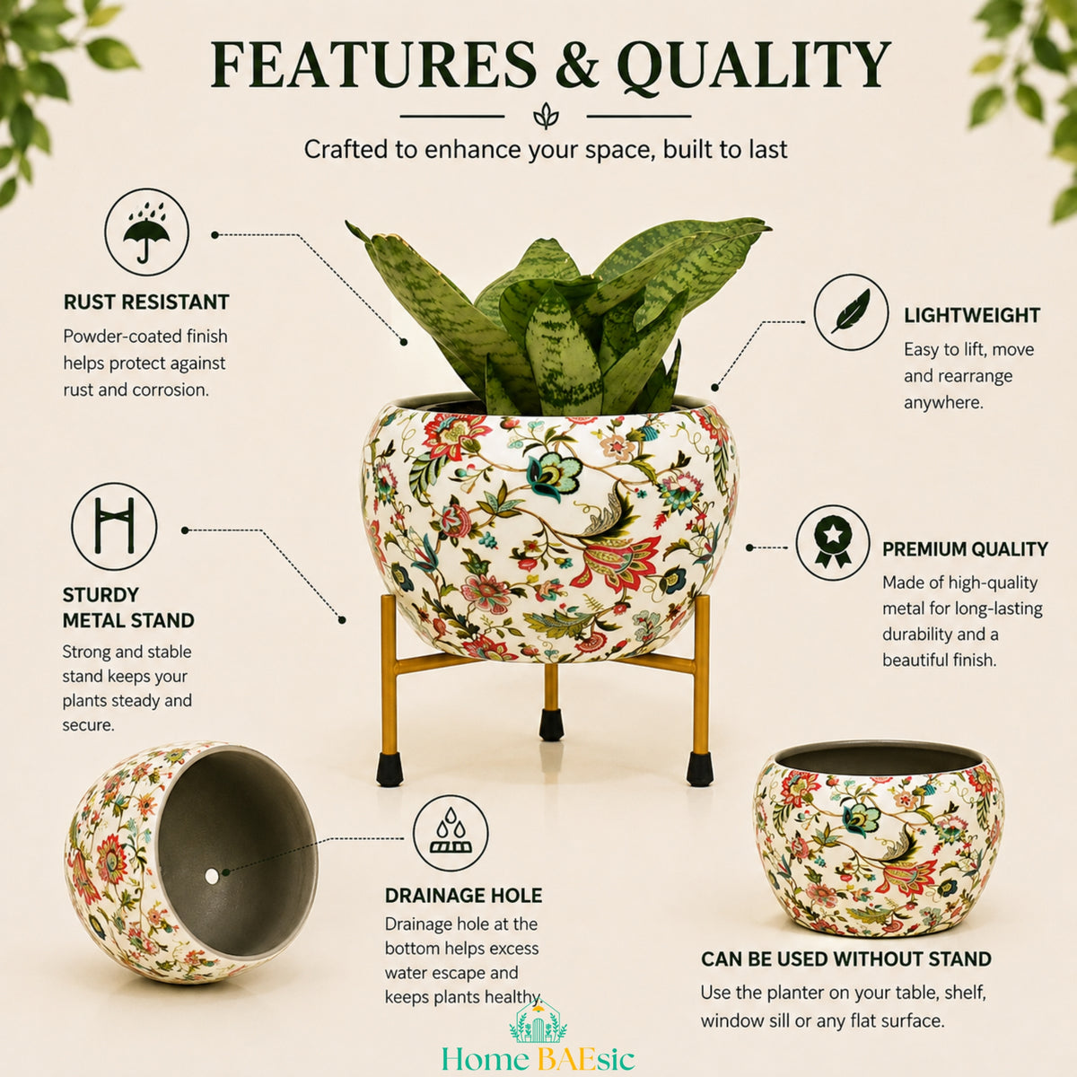 A product infographic for Meadow Floral Metal Planter features and quality infographic showing rust-resistant finish, sturdy metal stand, drainage hole and premium quality pot with a colorful floral pattern, featuring text callouts about its features like rust resistance, sturdy metal stand, drainage hole, and lightweight design, on a light beige background.