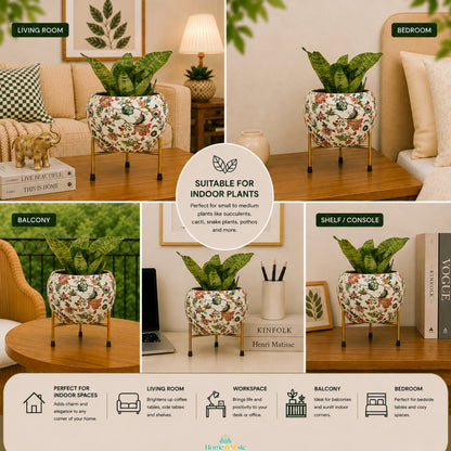 Meadow Floral metal Planter styled with indoor plants in living room, bedroom, balcony, workspace and shelf settings