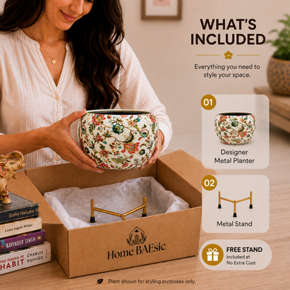 A woman holds a decorative metal planter pot above an open cardboard box labeled Home BAEsic, with included accessories and a 'What's Included' graphic on the right. The planter has a multicolor floral and bird pattern on a cream background.