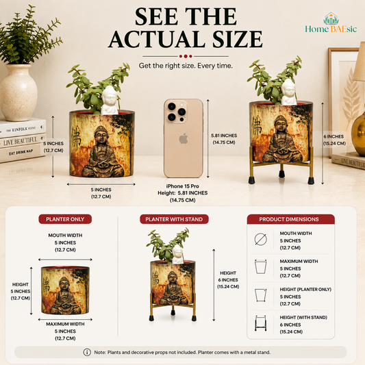 See the Actual Size infographic for the Meditating Buddha Planter, showing the 5-inch wide and 5-inch high planter alongside an iPhone for size comparison, with the planter displayed both alone and on its metal stand at 6 inches high. Product dimensions and measurements are clearly shown for size visualization.