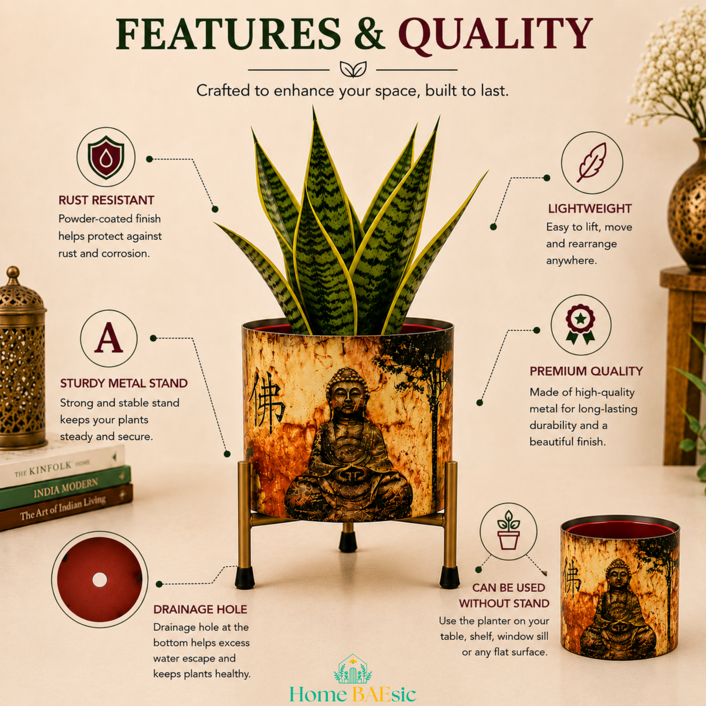 Meditating Buddha metal planter with snake plant on a golden stand, featuring rust-resistant finish, sturdy metal stand, drainage hole, lightweight design, premium quality and stand-free use.