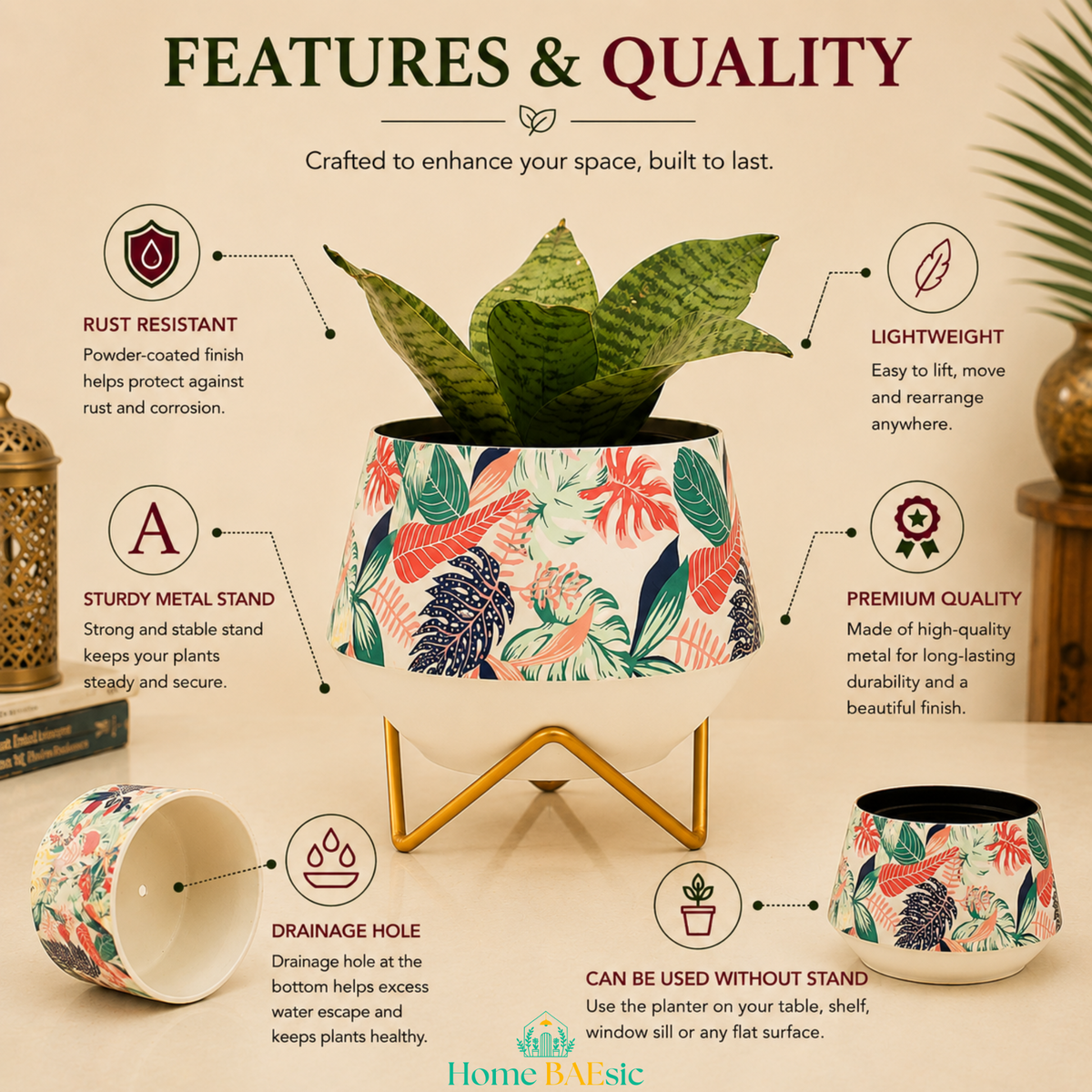 Monstera Magic designer metal planter with tropical leaf print, gold stand, drainage hole and premium quality features