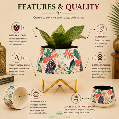 Monstera Magic designer metal planter with tropical leaf print, gold stand, drainage hole and premium quality features