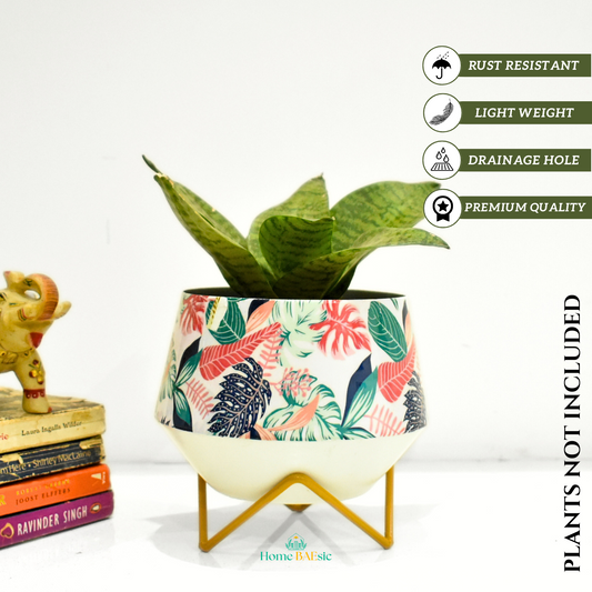 Decorative plant pot with floral design and stand. Home BAEsic | 6 Inches | Home and Garden | Monstera Magic Planter with stand