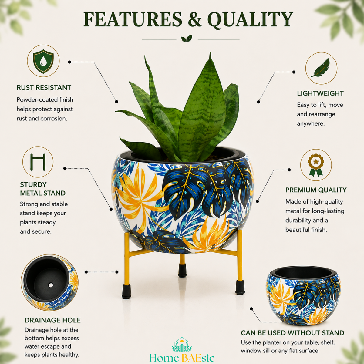 Monstera Vibes colorful metal planter with tropical leaf pattern and gold stand, shown with feature callouts highlighting rust resistance, sturdy stand, drainage hole, lightweight design and premium quality.