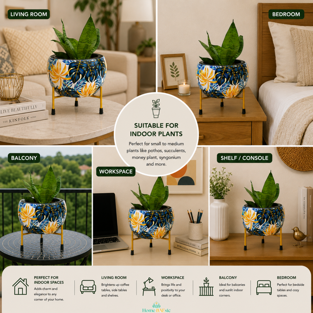 Monstera Vibes decorative metal planter with tropical blue and yellow leaf pattern and gold stand, styled in living room, bedroom, balcony, workspace and shelf settings for indoor plants.