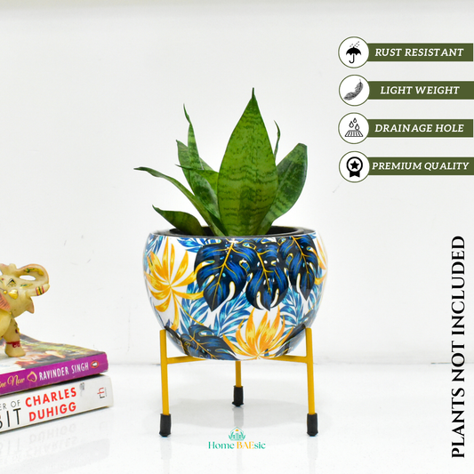 Monstera Vibes Indoor Metal Planter With Metal Stand | Home & Garden | 6 Inches
