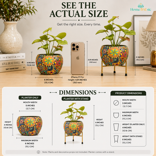 Multicolor leaf pattern metal planter with gold stand, shown with plant and actual size dimensions of 6 inches wide, 4 inches high, and 6 inches high with stand.