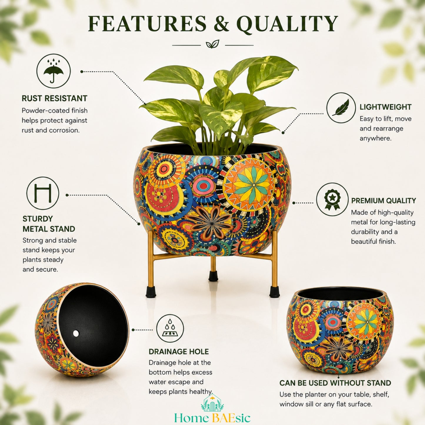 Multicolor Leaf metal planter with golden metal stand showing rust resistant finish, lightweight design, drainage hole and premium quality features