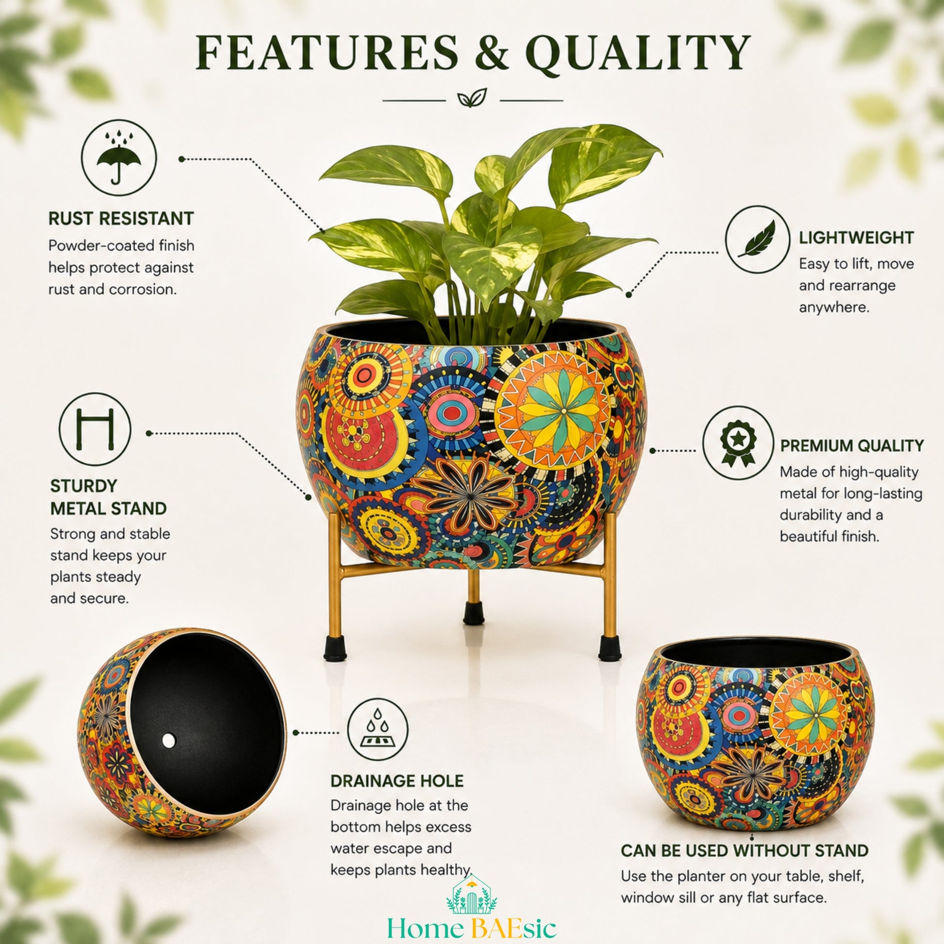Multicolor Leaf metal planter with golden metal stand showing rust resistant finish, lightweight design, drainage hole and premium quality features