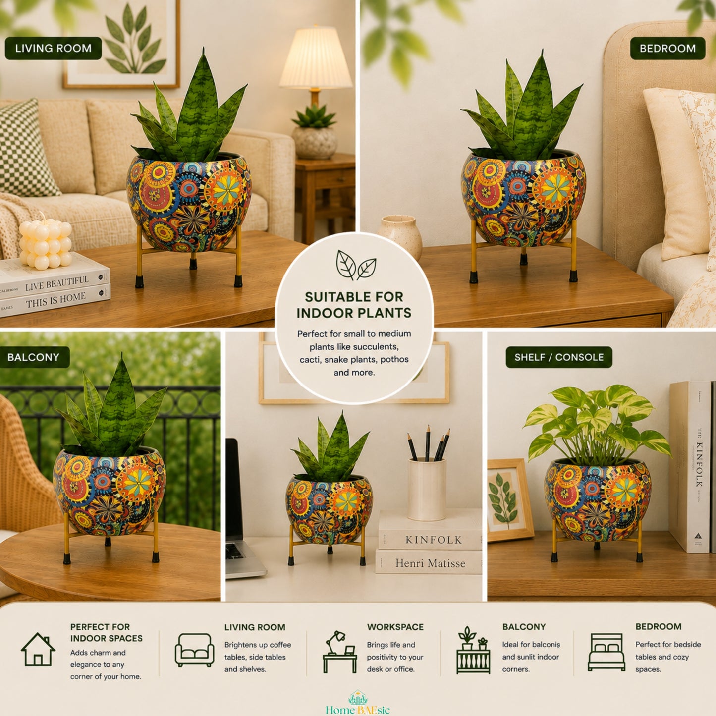 A 5-panel promotional collage showing a decorative multicolor planter with gold-toned legs holding a green succulent, styled in living room, bedroom, balcony, shelf, and workspace scenes. A central circle reads 'Suitable for indoor plants,' and the bottom strip lists use cases.