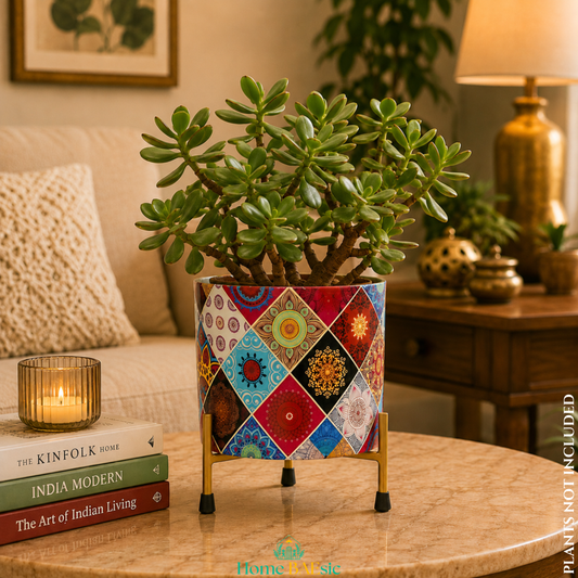 Multicolor Motif Planter with vibrant geometric floral patterns on a gold metal stand, styled with a jade plant in a cozy modern living room.
