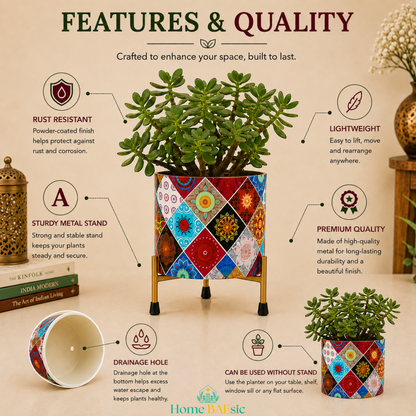 Multicolor Motif Planter features and quality infographic showing rust-resistant finish, sturdy metal stand, lightweight design, drainage hole, premium metal construction and stand-free use.