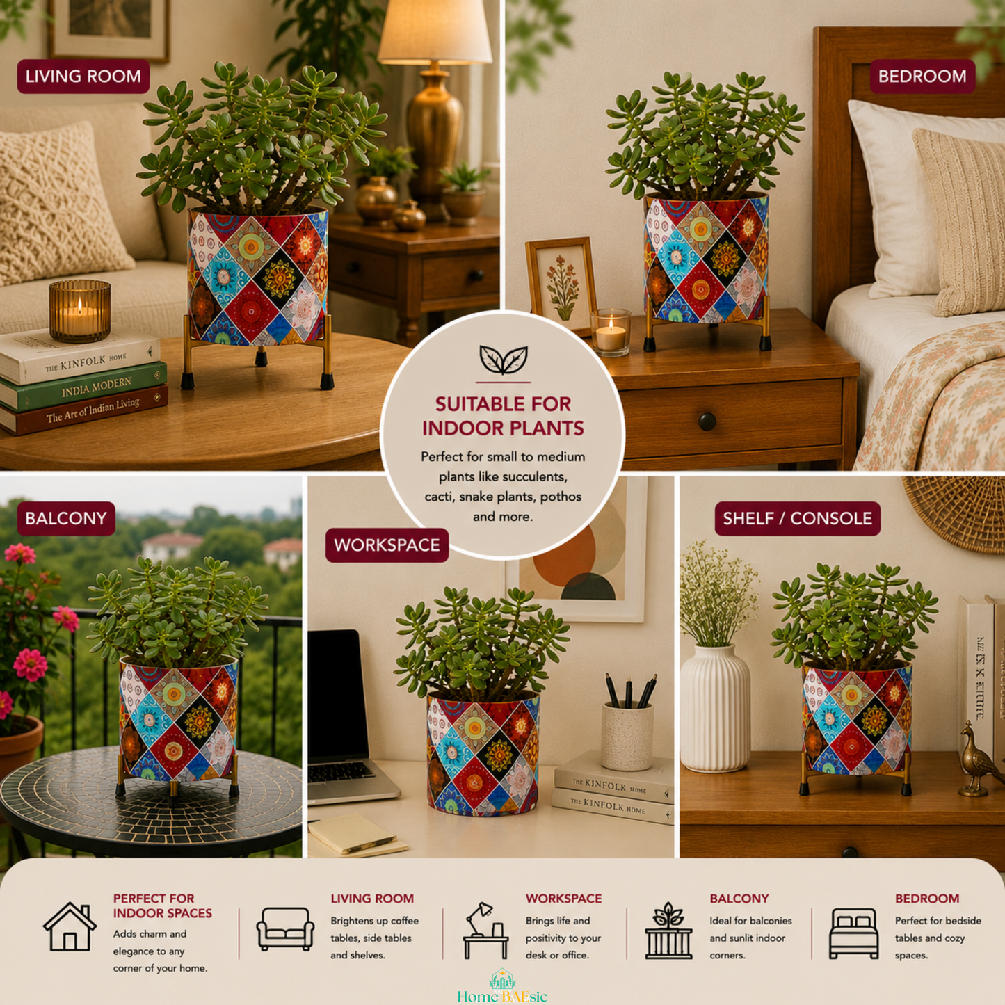 Multicolor Motif Planter styled with a jade plant in living room, bedroom, balcony, workspace and shelf settings, showcasing versatile indoor home decor use.