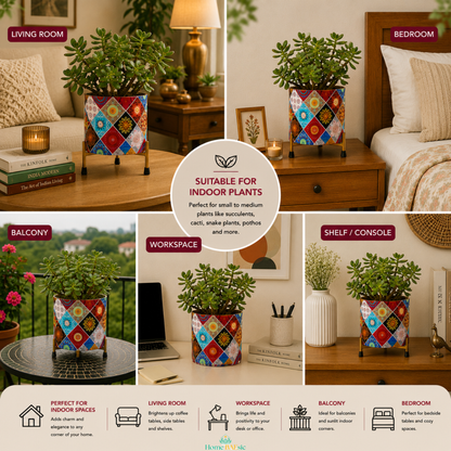 Multicolor Motif Planter styled with a jade plant in living room, bedroom, balcony, workspace and shelf settings, showcasing versatile indoor home decor use.