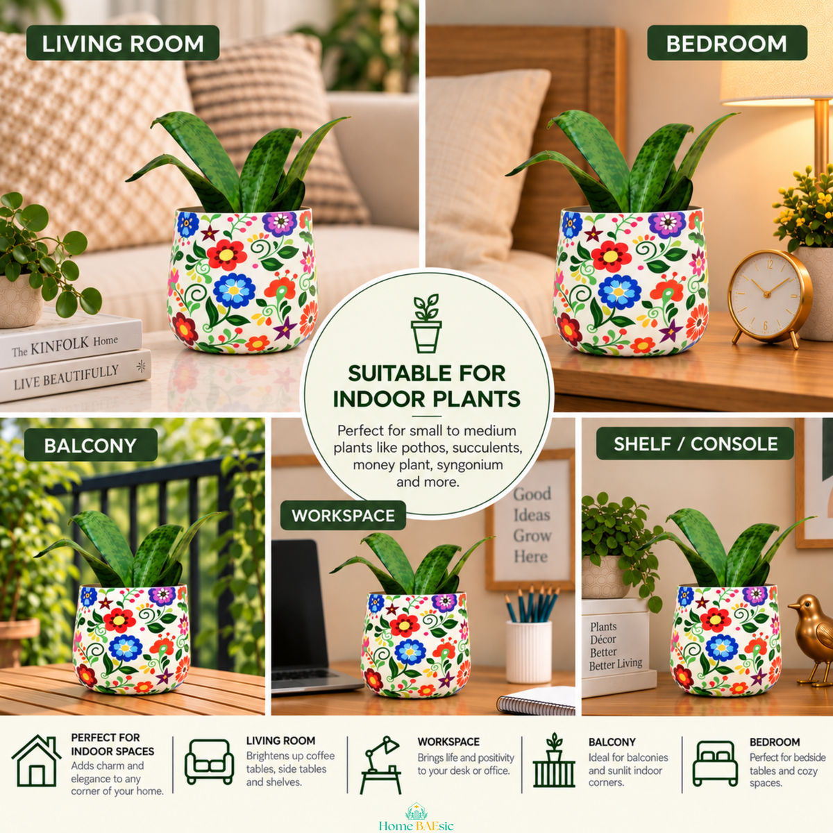 A collage showing a colorful Multifloral tumbler planter pot with green plants in different home settings: living room, bedroom, balcony, and shelf/console. The planter has a white base with bright multicolor flowers and green leaves. dimensions showing 5.5 inch planter mouth, 6 inch maximum width and 5 inch height 