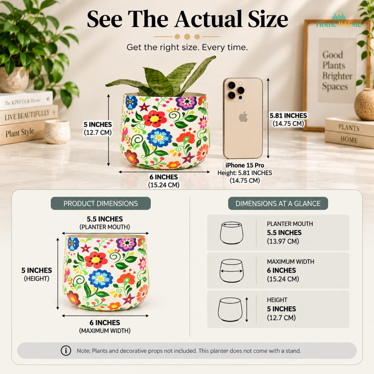“See the Actual Size” infographic showing the Mulitfloral Tumbler planter compared with an iPhone 15 Pro for size reference, with a 5.5-inch planter mouth, 6-inch maximum width, and 5-inch height. Includes product dimension callouts and notes that plants, decorative props, and stand are not included.