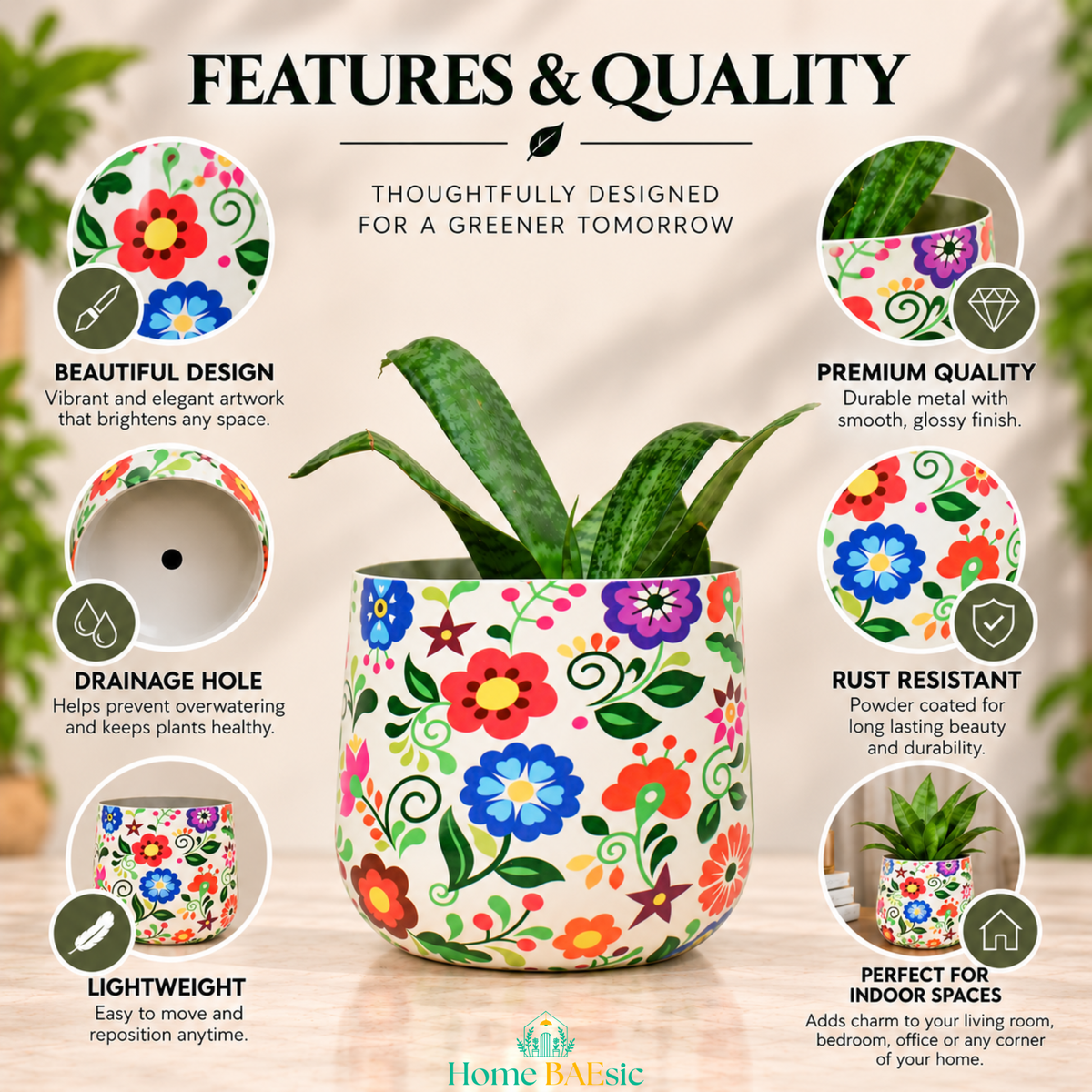 A Multifloral tumbler planter  floral planter pot with a green snake plant, presented on a light beige background with circular feature callouts, highlighting rust resistant, lightweight, drainage hole and premium quality features and the headline 'FEATURES & QUALITY'. 