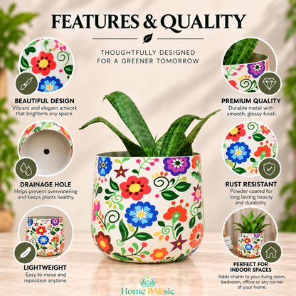 A Multifloral tumbler planter  floral planter pot with a green snake plant, presented on a light beige background with circular feature callouts, highlighting rust resistant, lightweight, drainage hole and premium quality features and the headline 'FEATURES & QUALITY'. 