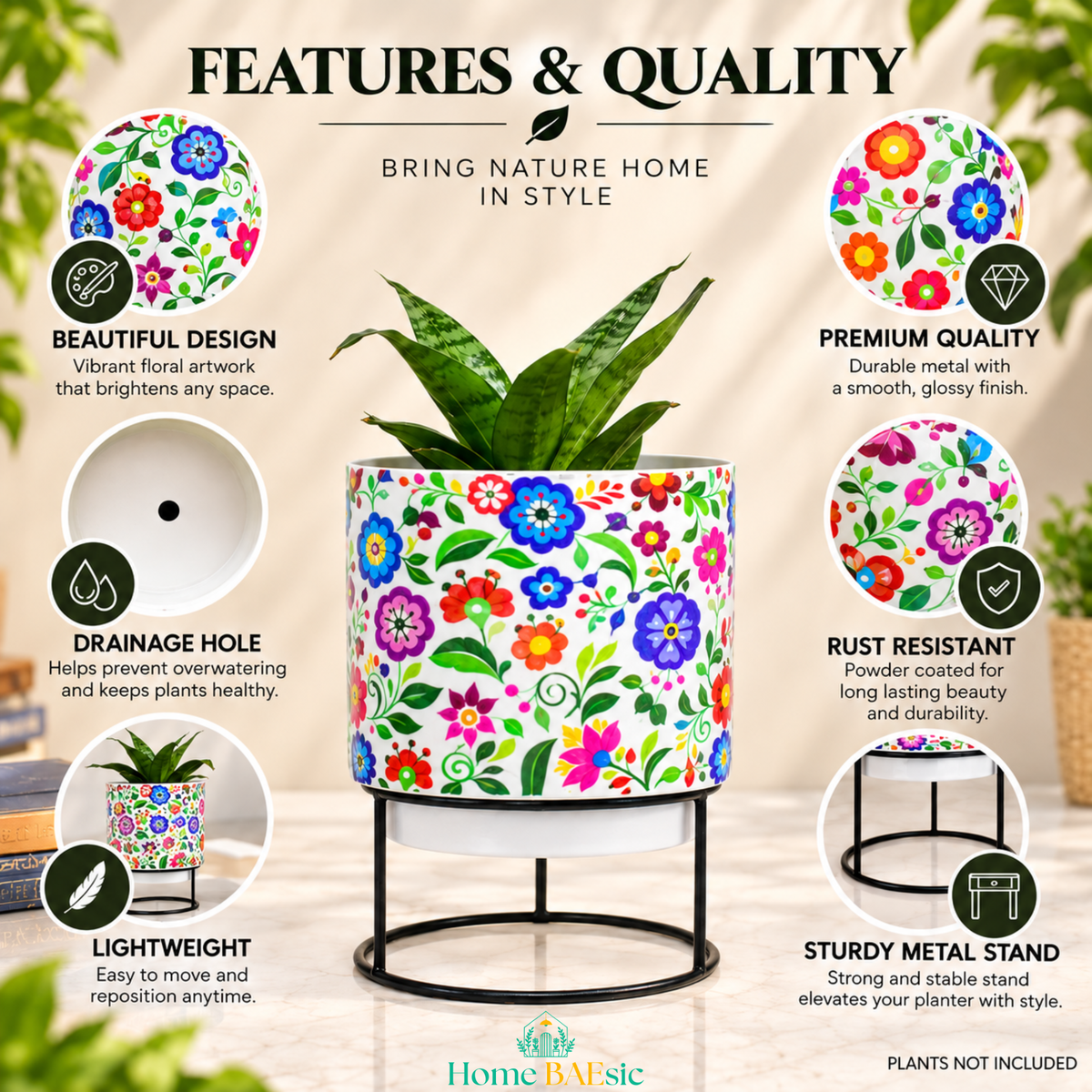 Floral Multifloral Tumbler Metal Planter with Stand featuring vibrant multicolored floral artwork, rust-resistant metal, drainage hole, lightweight design, premium glossy finish and sturdy black metal stand.