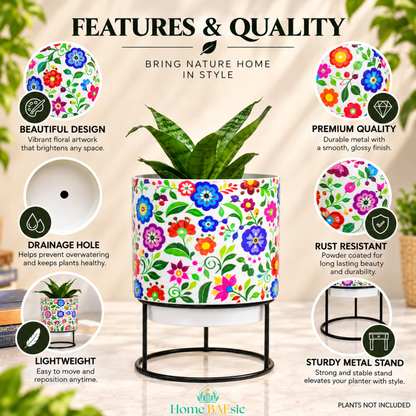Floral Multifloral Tumbler Metal Planter with Stand featuring vibrant multicolored floral artwork, rust-resistant metal, drainage hole, lightweight design, premium glossy finish and sturdy black metal stand.