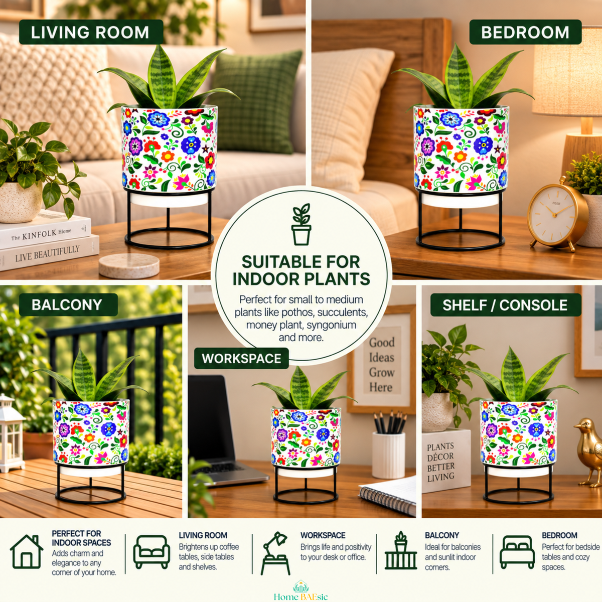 Multifloral tumbler metal planter shown in living room, bedroom, balcony, workspace, and shelf settings