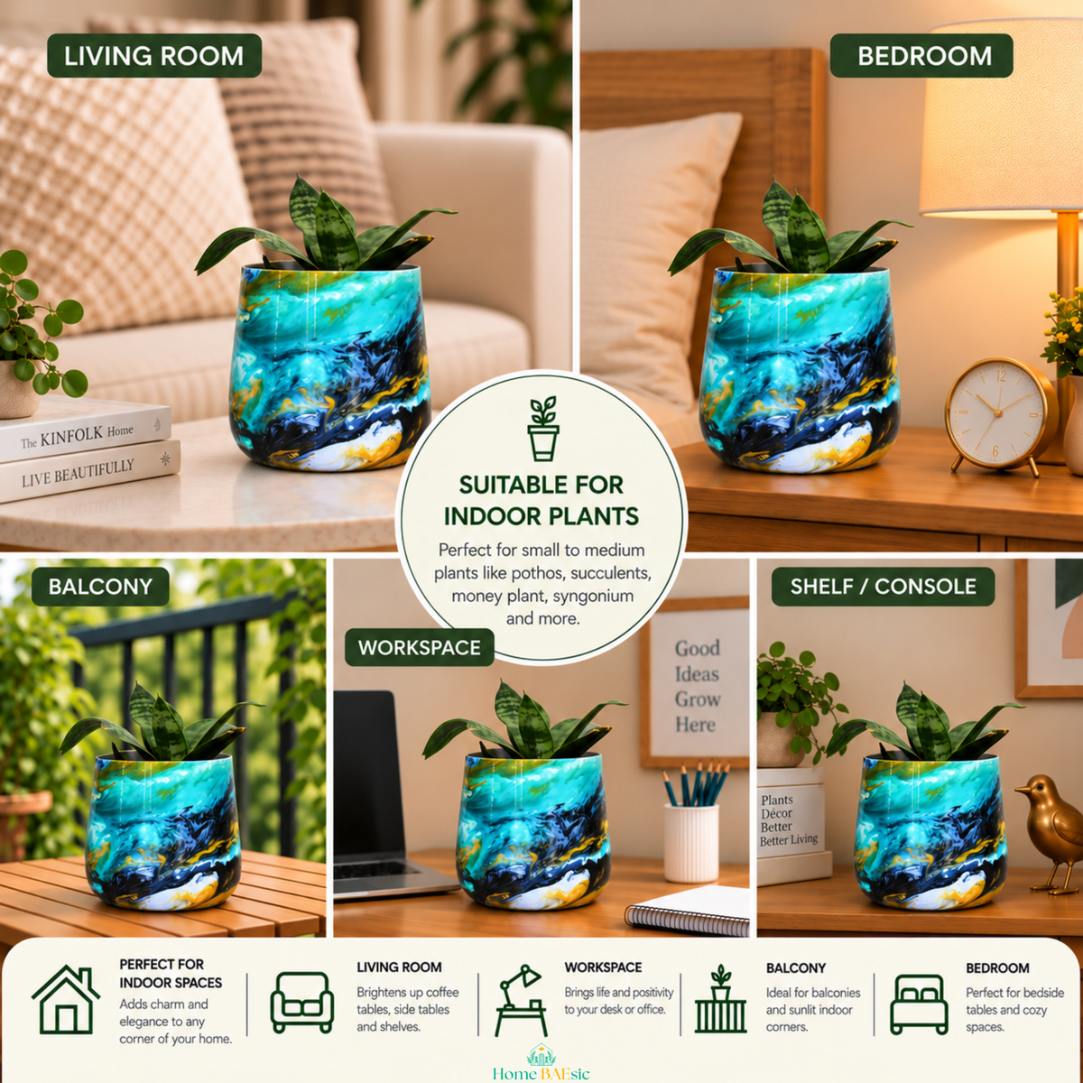 A collage showing the Oceanic Turquoise tumbler decorative planter in six real indoor/outdoor settings: living room, bedroom, balcony, workspace, shelf/console, and balcony. The planter has a swirling blue, teal, and black marbled pattern with small green plant leaves visible above it. dimensions showing 5.5 inch planter mouth, 6 inch maximum width and 5 inch height.