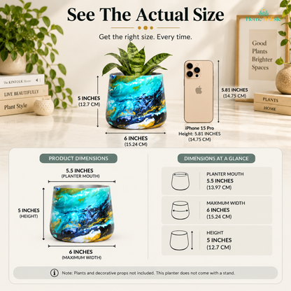 “See the Actual Size” infographic showing the Oceanic Turquoise Tumbler planter compared with an iPhone 15 Pro for size reference, with a 5.5-inch planter mouth, 6-inch maximum width, and 5-inch height. Includes product dimension callouts and notes that plants, decorative props, and stand are not included.